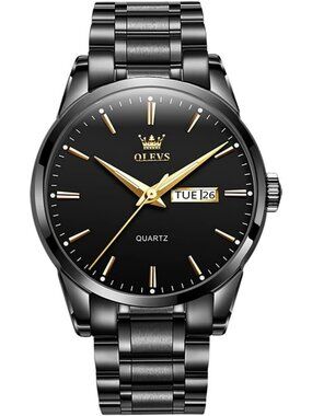 Olevs Men's Black Luxury Stainless Steel Big Face Analog Quartz Luminous Watch
